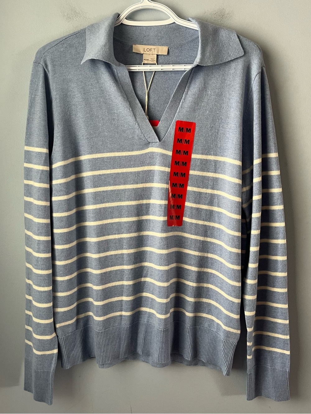 NWT LOFT Soft Blue & White Stripe V-Neck Cotton Blend Collared Sweater Size M
